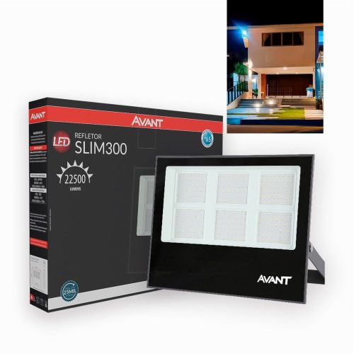 Refletor de LED Slim 300W 6500K Branco Frio Bivolt IP65 à Prova d'Água Preto Avant