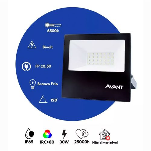 Refletor de LED Slim 30W 6500K Branco Frio 2250 Lm Bivolt IP65 à Prova d'Água Avant Cor Preto - Imagem 2