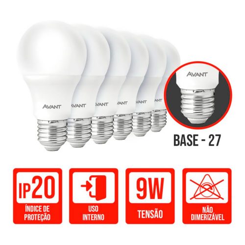 Kit com 6 Lâmpadas LED Pera 9W 6500  Branco Frio E27 Bivolt Avant - Imagem 4