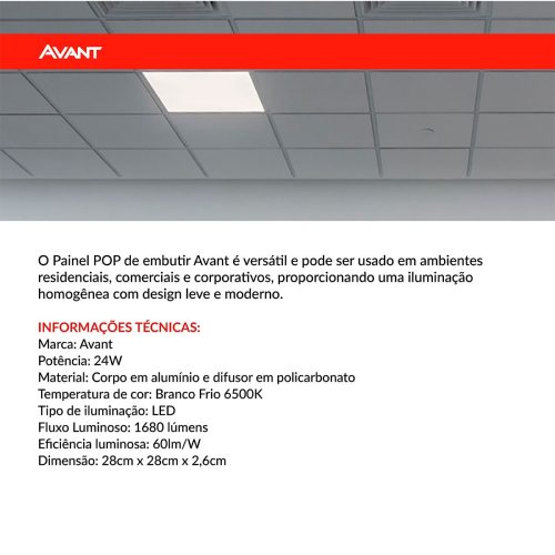 Painel LED Pop Embutir Quadrado 24W 6500K Bivolt 28x28 Avant Branco - Imagem 5