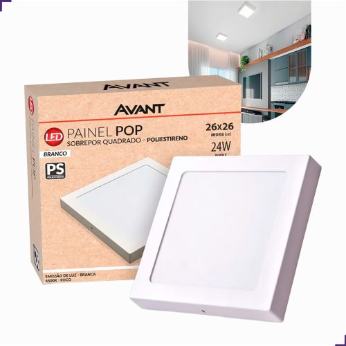 Painel de LED Sobrepor Quadrado 24W 6500K Bivolt 26x26cm Avant Branco Frio