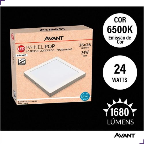 Painel de LED Sobrepor Quadrado 24W 6500K Bivolt 26x26cm Avant Branco Frio - Imagem 2