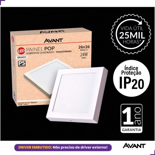Painel de LED Sobrepor Quadrado 24W 6500K Bivolt 26x26cm Avant Branco Frio - Imagem 3