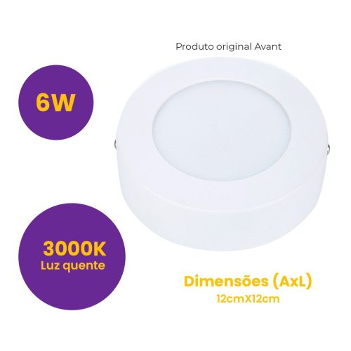 Painel Led Sobrepor 6W Redondo 3000K Branco Quente Avant - Imagem 8