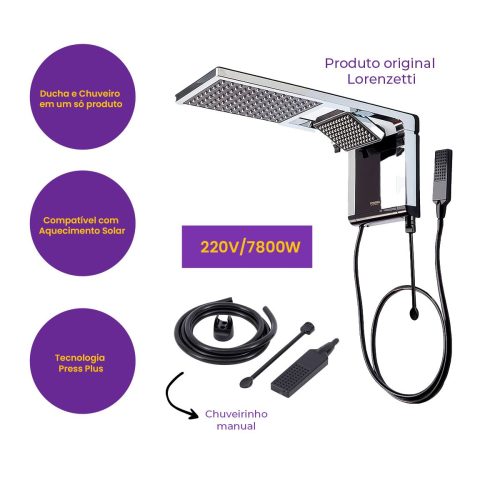 Chuveiro Lorenzetti 220V 7800W Acqua Duo Ultra Preto Cromado - Imagem 2