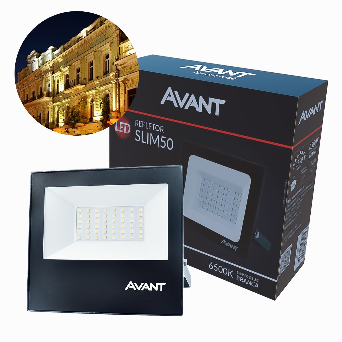 Refletor de LED Slim 50W 6500K Branco 3750Lm Frio Bivolt IP65 à Prova d'Água Avant Cor Preto