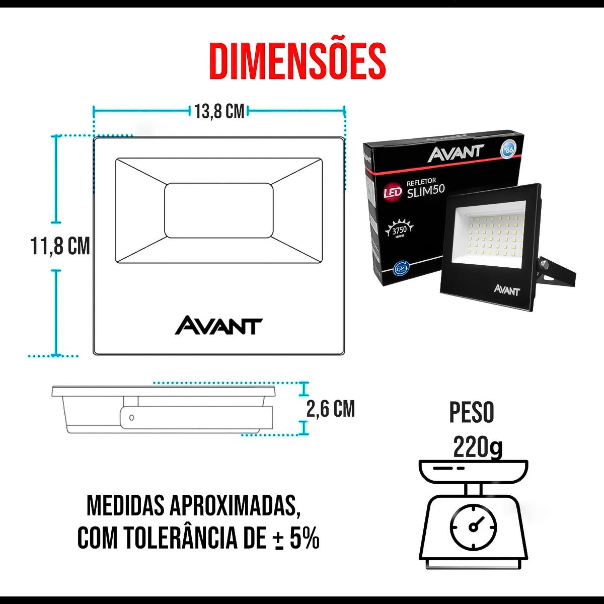 Refletor de LED Slim 50W 6500K Branco 3750Lm Frio Bivolt IP65 à Prova d'Água Avant Cor Preto - Imagem 4