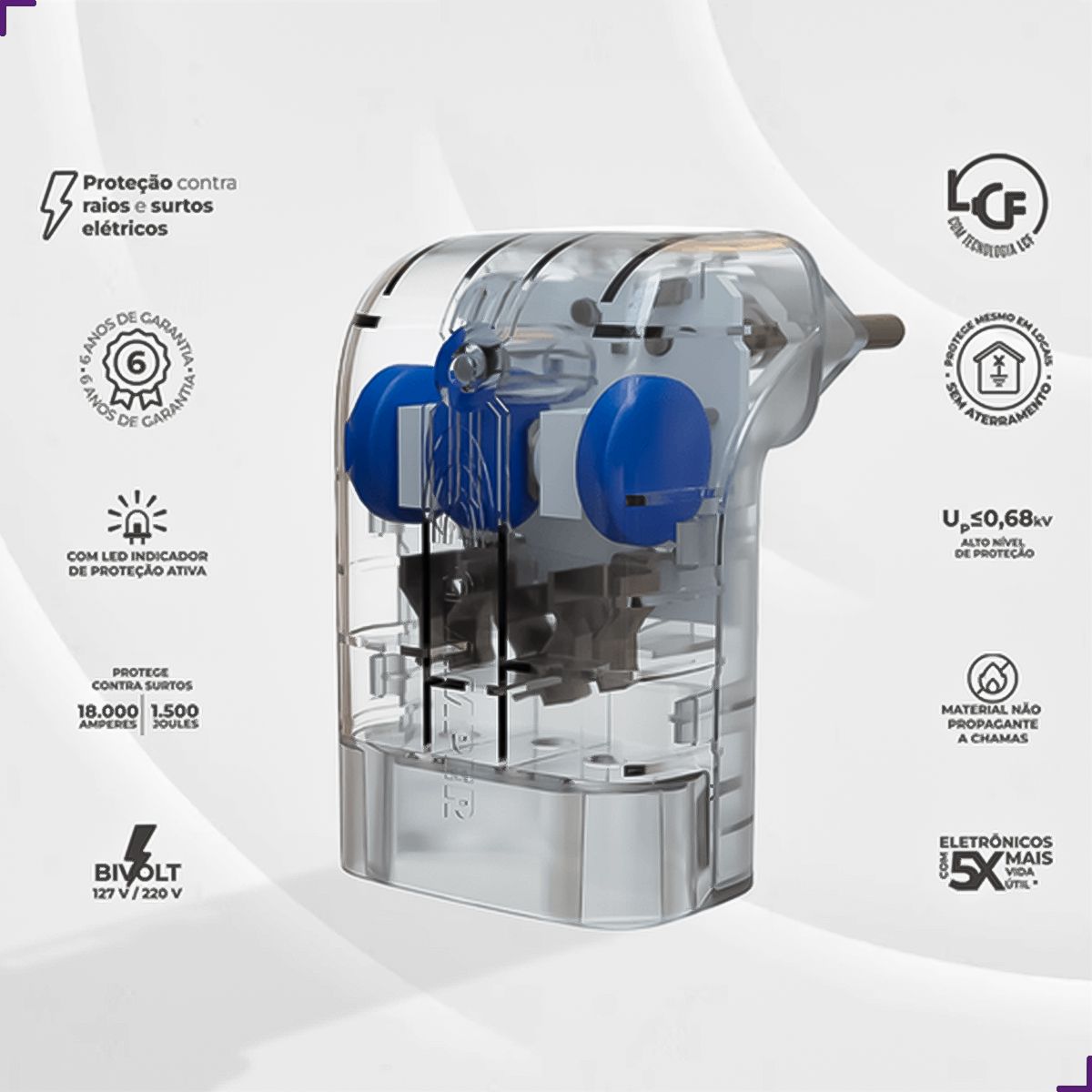 Protetor Contra Surtos DPS Pocket Fit 3P 20A Iclamper LCF Transparente Bivolt - Imagem 2