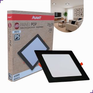 Painel de LED Embutir Quadrado 12W 6500K Preto Bivolt 28x28cm Avant Branco Frio